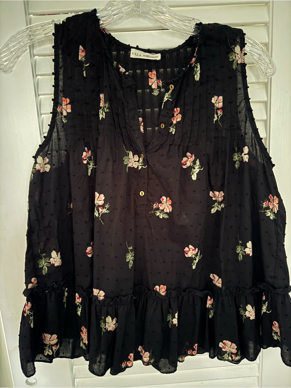 Ulla Johnson Black Floral Sleeveless Ruffle Blouse with Pink and Cream Flowers